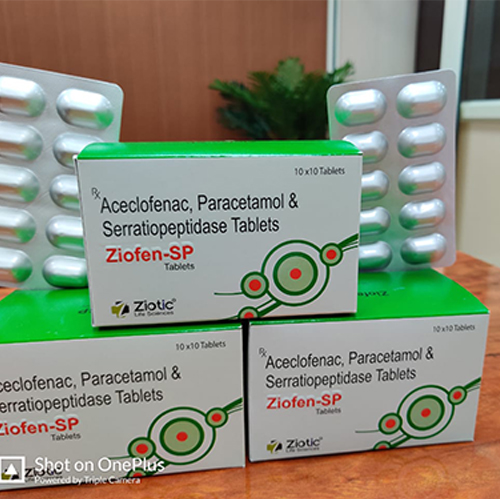 Product Name: Ziofen SP, Compositions of Ziofen SP are Aceclofenac, Paracetamol & Serratiopeptidase Tablets - Ziotic Life Sciences
