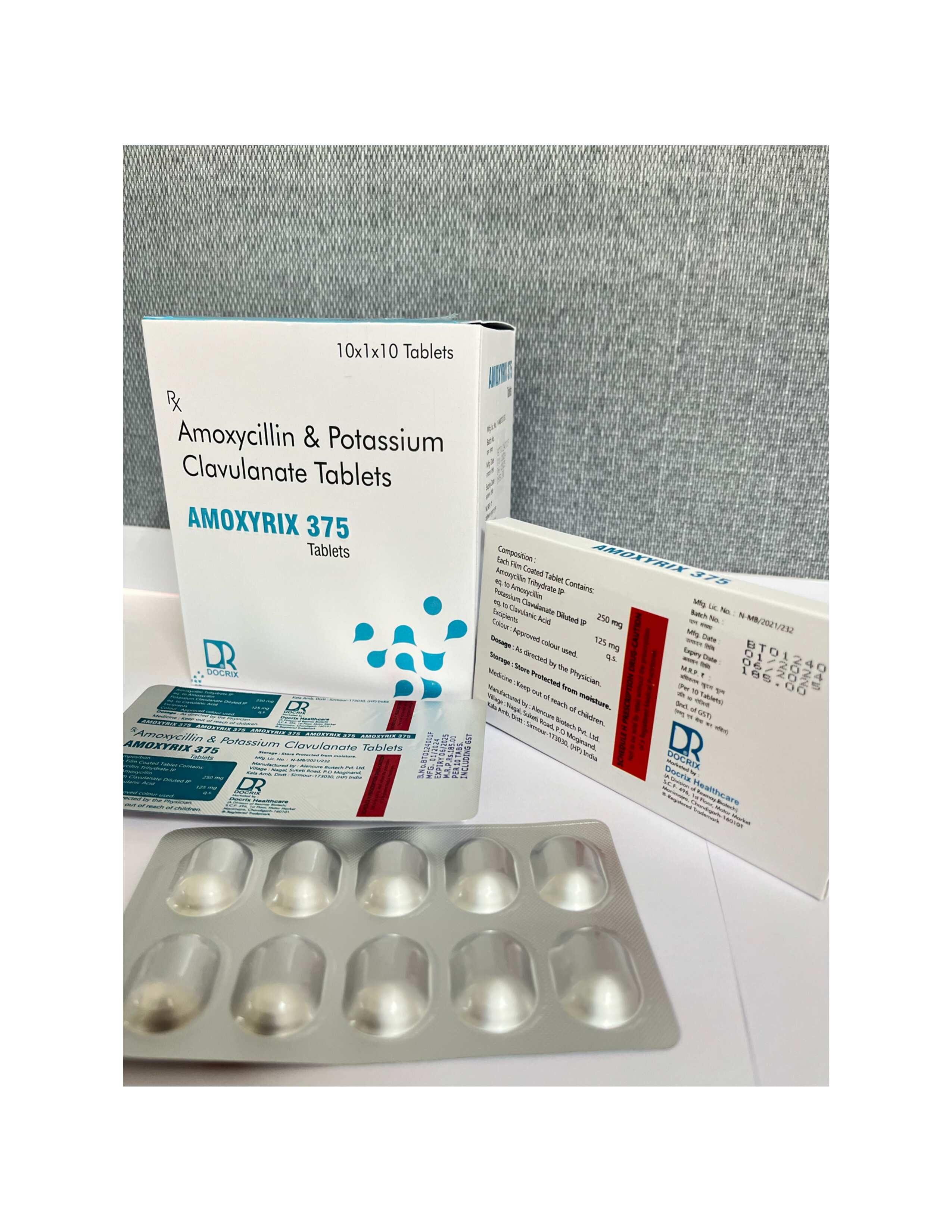 Product Name: Amoxyrix 375, Compositions of Amoxyrix 375 are Amoxycilin & Potassium Clavulanate Tablets IP - Docrix Healthcare