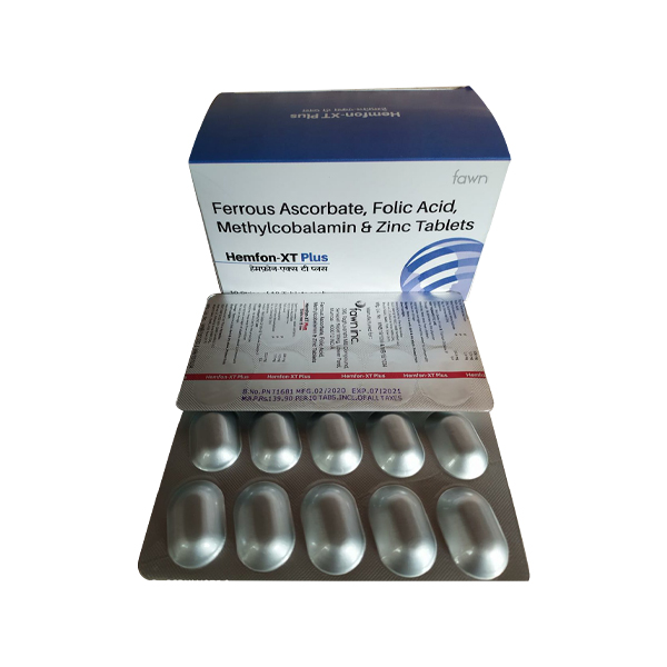 Product Name: HEMFON XT PLUS, Compositions of HEMFON XT PLUS are Ferrous Ascorbate, Folic Acid, Methylcobalamin & Zinc (100+1.5+1500+22.5mg) - Fawn Incorporation