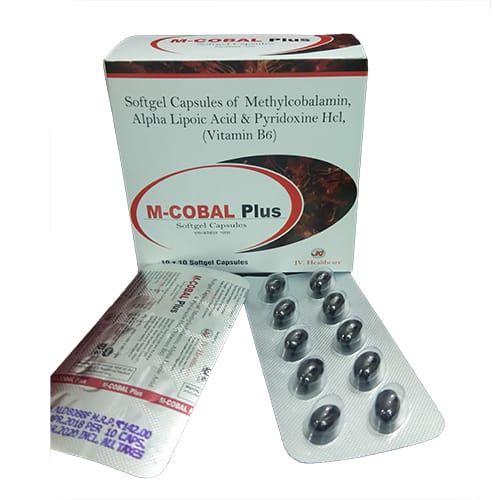 Product Name: M COBAL PLUS Softgel Capsules, Compositions of M COBAL PLUS Softgel Capsules are Methylcobalamin1500mcv, Alpha Liopic Acid100, Calcium Pantotenate25, Niacinamide50(Nicotinamide), Benfotiamine7.5, Vitamin B61.5(Pyridoxine), Folic Acid0.75 - JV Healthcare