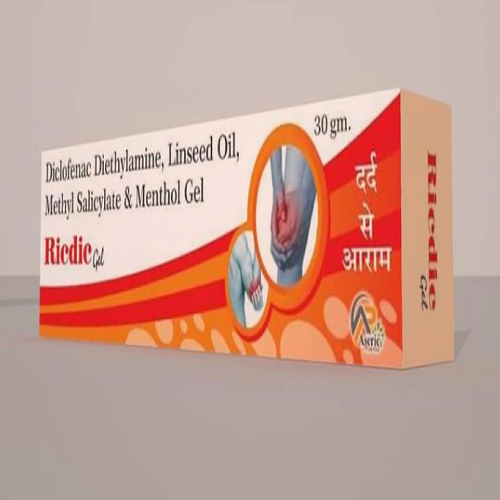 Product Name: Ricdic Gel, Compositions of Ricdic Gel are Diclofenac Diethylamine Linseed Oil, Methyl Salicylate & Menthol Gel - Aseric Pharma