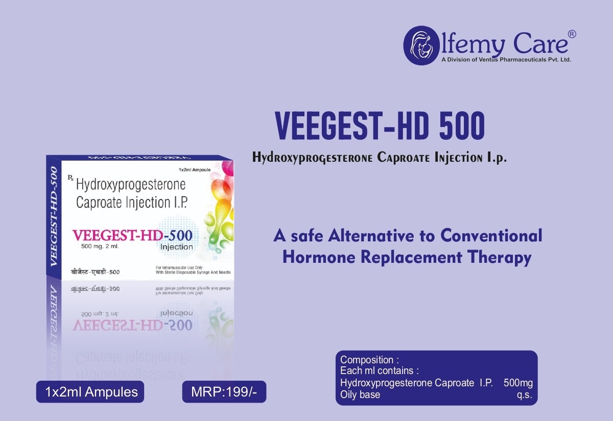 Product Name: Veegest 500 HD, Compositions of Veegest 500 HD are Hydroxyprogesterone Caproate Injection IP - Olfemy Care
