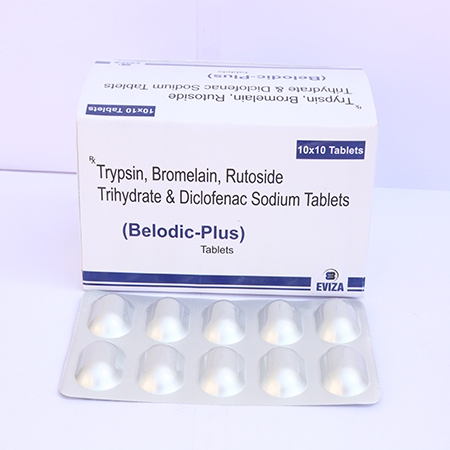 Product Name: Belodic Plus, Compositions of Belodic Plus are Trypsin, Bromelain, Rutoside Trihydrate & Dicofenac Sodium Tablets - Eviza Biotech Pvt. Ltd