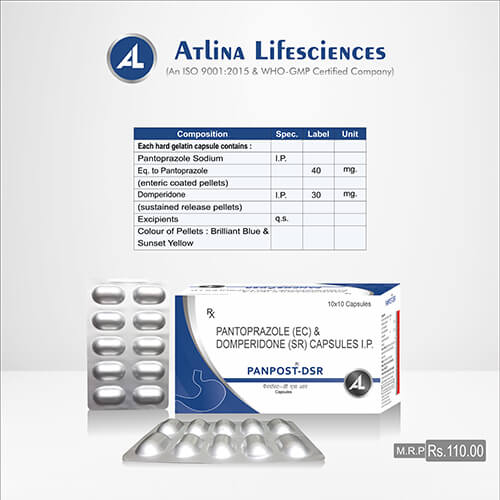 Product Name: Panpost DSR, Compositions of Panpost DSR are Pantaprazole (EC) & Domperidone(SR)  Capsules I.P. - Atlina LifeSciences Private Limited