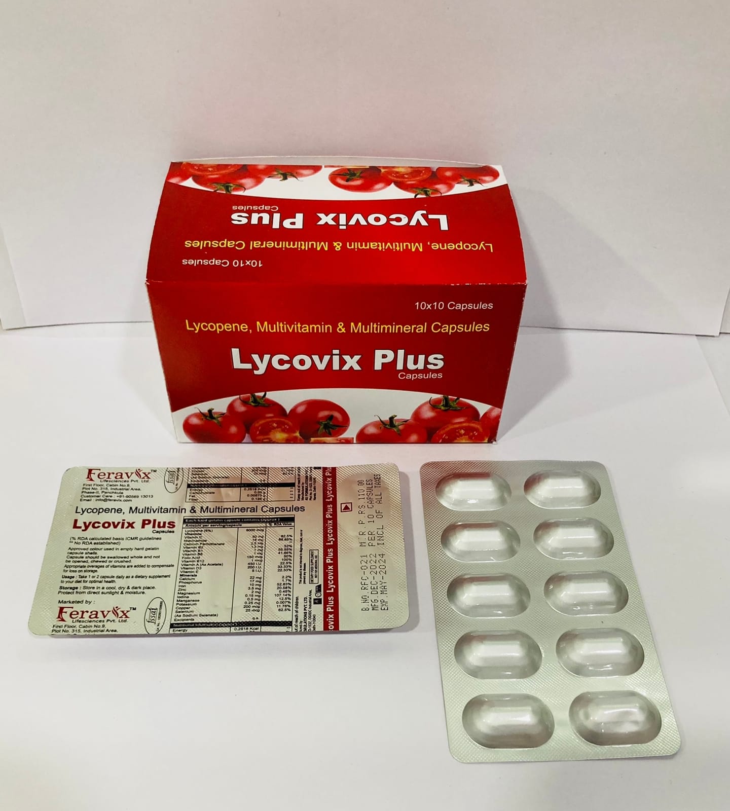 Product Name: LYCOVIX PLUS CAPSULE, Compositions of LYCOVIX PLUS CAPSULE are LYCOPENE, MULTIVITAMIN & MULTIMINERAL CAPSULES - Feravix Lifesciences