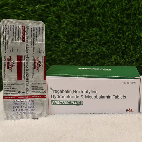 Product Name: Pregizec Plus, Compositions of Pregizec Plus are Pregabalin,Nortriptyline Hydrochloride & Methylcobalamin Tablets - Medizec Laboratories