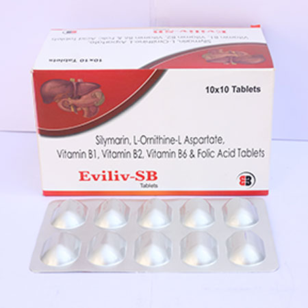 Product Name: Eviliv SB, Compositions of Eviliv SB are SILYMARIN,L-ORNITHINE-L ASPARTATE,VITAMIN B1,VITAMIN B2,VITAMIN B6+FOLIC ACID TABLETS - Eviza Biotech Pvt. Ltd