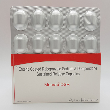 Product Name: Monrab DSR, Compositions of Monrab DSR are Enteric coated Rabeprazole Sodium and Domperidone Sustained Release Capsules - Acinom Healthcare