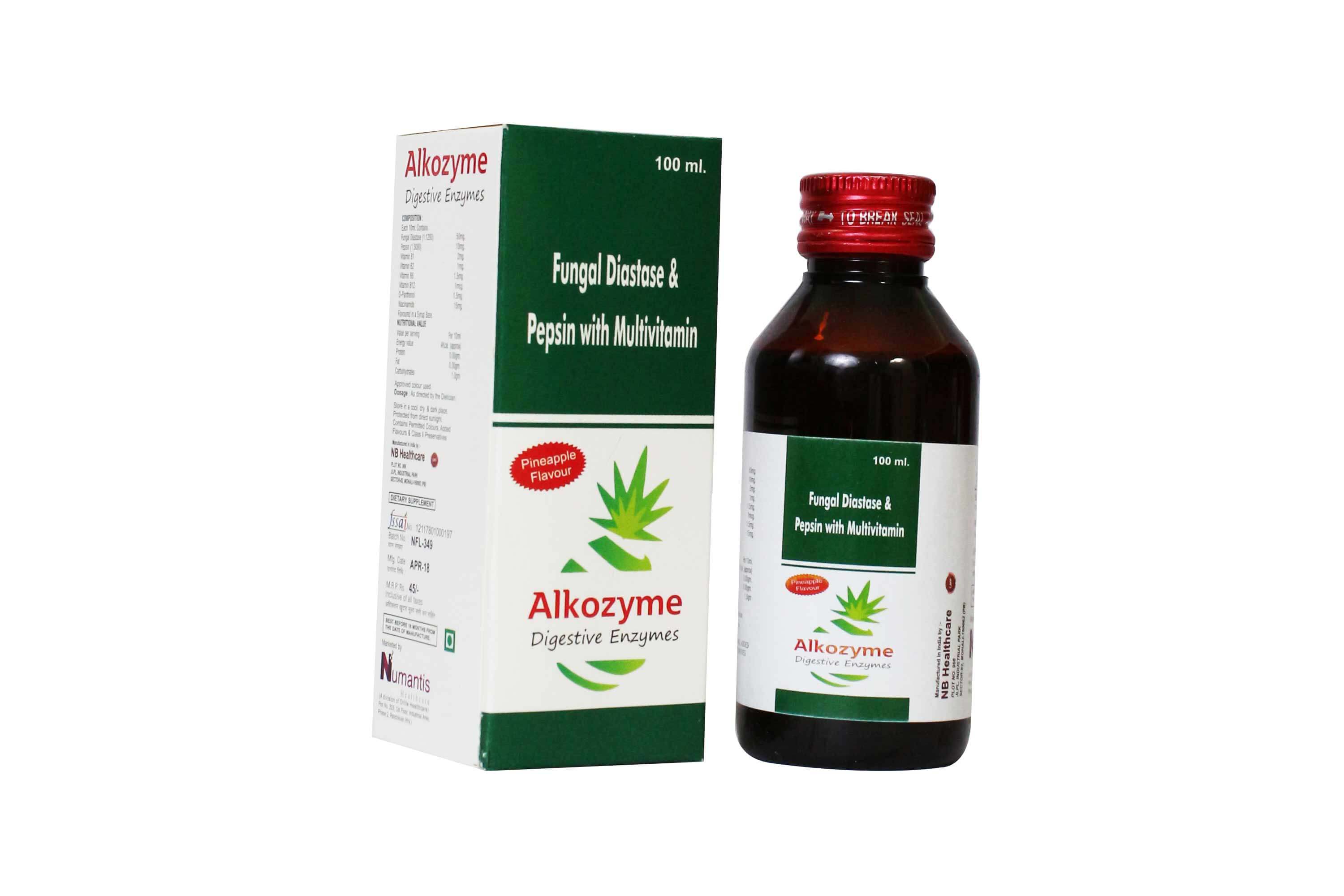 Product Name: Alkozyme, Compositions of Alkozyme are Fungal Diastate  & Pepsin Multivitamin - Numantis Healthcare