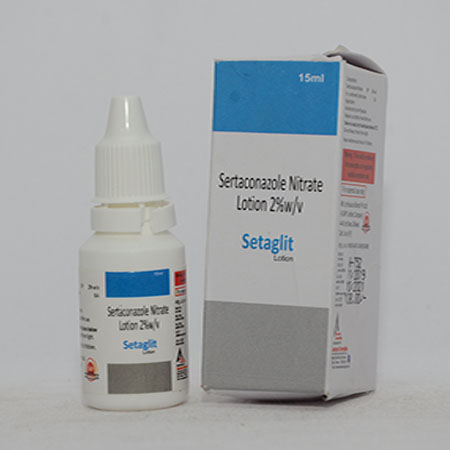 Product Name: SETAGLIT, Compositions of SETAGLIT are Sertaconazole Nitrate Lotion 2% w/w - Alencure Biotech Pvt Ltd
