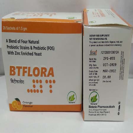 Product Name: Btflora, Compositions of Btflora are A Blend of Four Natural Probiotic Strains & Prebiotic (FOS) with Zinc Enriched Yeast - Biotanic Pharmaceuticals