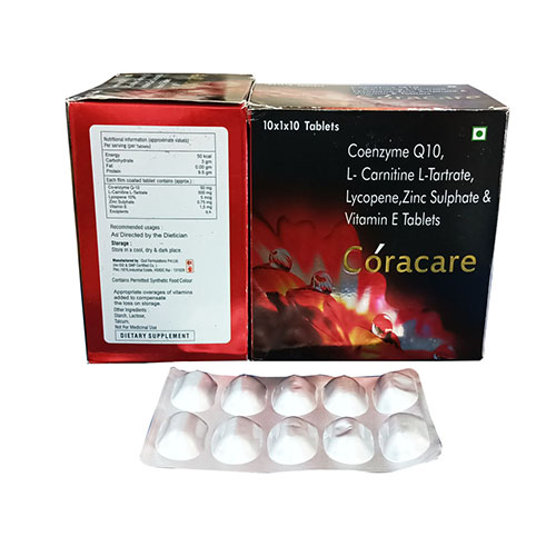 Product Name: Coracare, Compositions of Coracare are Coenzyme  Q10 L-Carnitine L-Tartrate Lycopene,Zinc Sulphate & Vitamin E Tablets - Arlak Biotech