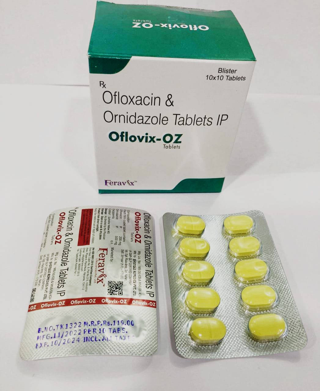 Product Name: OFLOVIX OZ Tablets, Compositions of OFLOVIX OZ Tablets are OFLOXACIN 200MG, ORNIDAZOLE 500MG - Feravix Lifesciences
