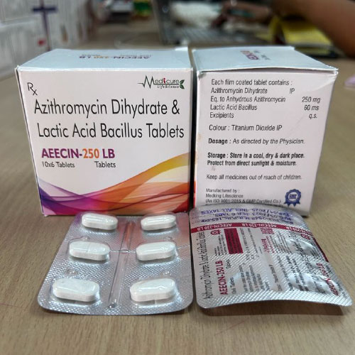 Product Name: AEECIN 250 LB, Compositions of AEECIN 250 LB are Azithromycin Dihydrate & Lactic Acid Bacillus Tablets - Medicure LifeSciences