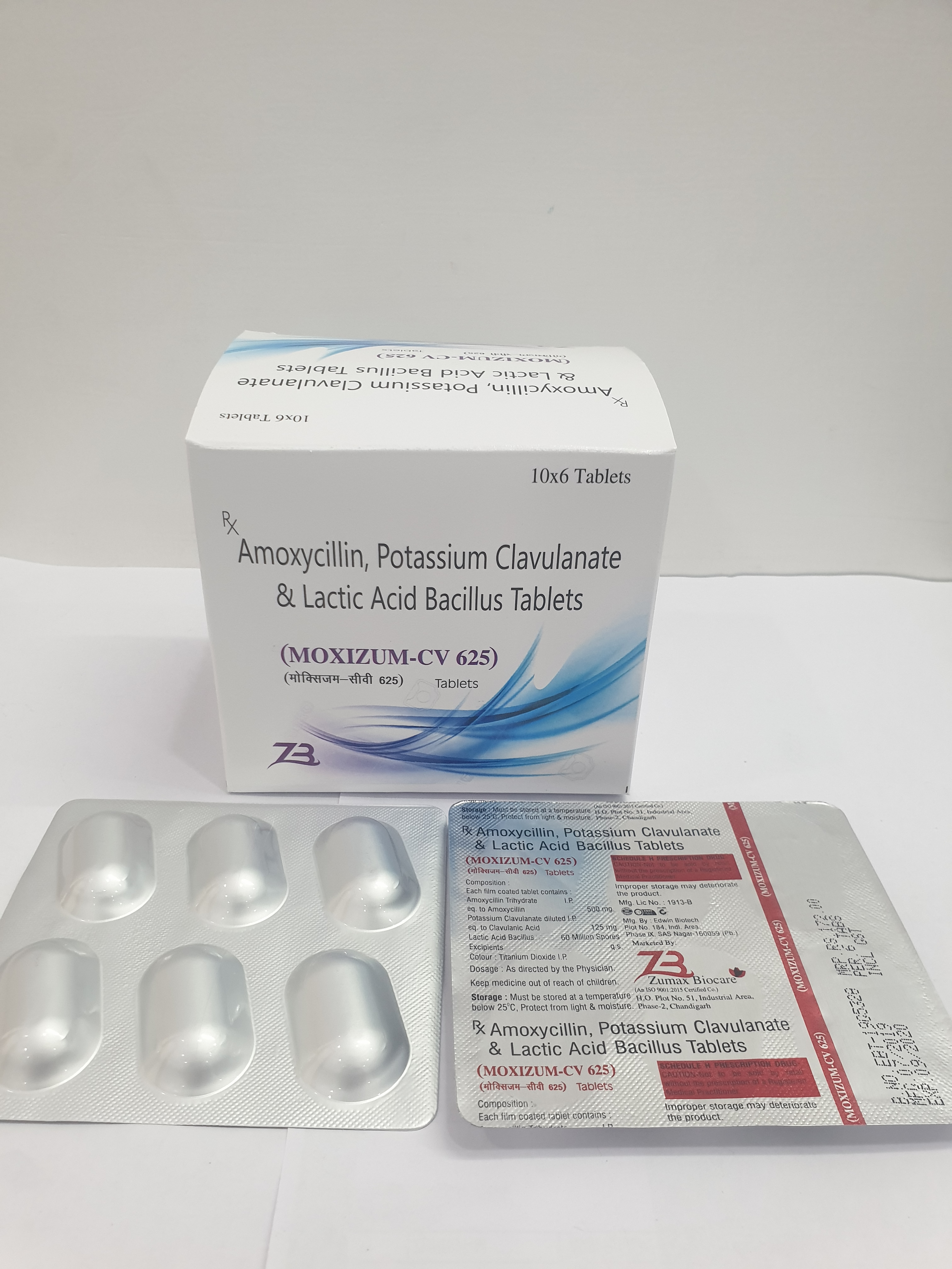 Product Name: Moxizum CV 625, Compositions of Amoxycillin, Potassium Clavulanate & Lactic Acid Bacikkus Tablets are Amoxycillin, Potassium Clavulanate & Lactic Acid Bacikkus Tablets - Zumax Biocare