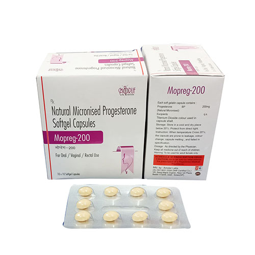 Product Name: Mopreg 200, Compositions of Mopreg 200 are Natural Micronised Progesterone Softgel Capsules - Arlak Biotech
