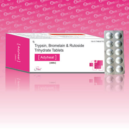 Product Name: Adyheal Tab, Compositions of Adyheal Tab are Trypsin, Bromelain & Rutoside Trihydrate Tablets - Elkos Healthcare Pvt. Ltd