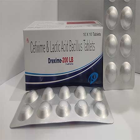 Product Name: Drexime 200 LB, Compositions of Drexime 200 LB are Cefixime & Lactic Acid Bacillus Tablets - Dakgaur Healthcare