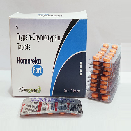Product Name: Homorelax Fort, Compositions of Homorelax Fort are Trypsin-Chymotrypsin Tablets - Abigail Healthcare