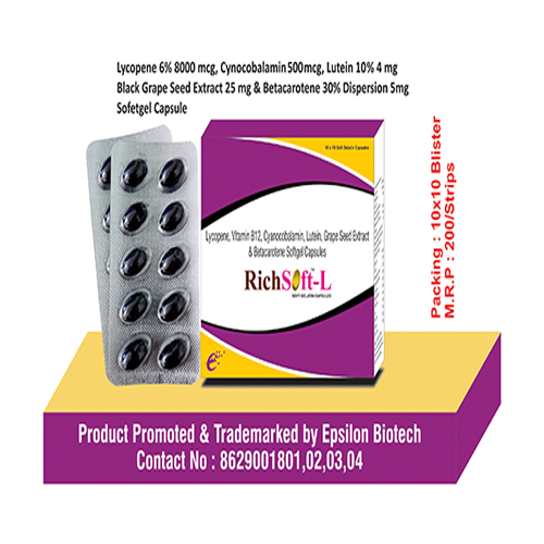 Product Name: Richsoft L, Compositions of Richsoft L are Lycopene Vitamin B12 Cyocobalamin Luetin Black Grape Seed Extract & Betacarotene Softgel Capsules - Epsilon Biotech