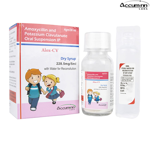 Product Name: Alox CV, Compositions of Alox CV are Amoxycillin and Potassium Clavulanate Oral Suspension IP - Accuminn Labs