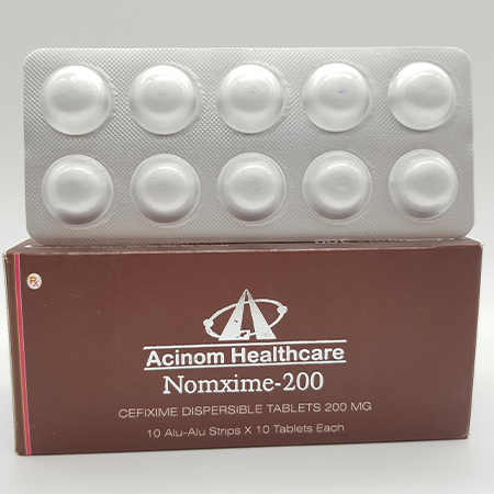 Product Name: Nomxime 200, Compositions of Nomxime 200 are Cefixime Dispersible Tablets 200mg - Acinom Healthcare