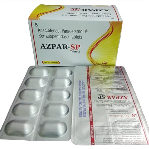 Product Name: AZPAR SP Tablets, Compositions of AZPAR SP Tablets are Aceclofenac 100mg  - Paracetamol 325mg  - Serratiopeptidase15mg - JV Healthcare