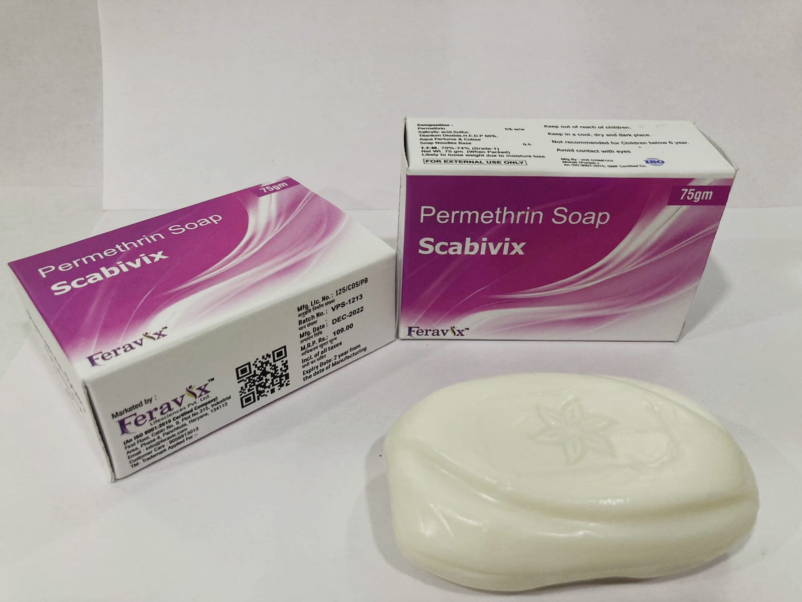 Product Name: SCABIVIX Soap, Compositions of SCABIVIX Soap are PERMETHRIN 5%w/w - Feravix Lifesciences