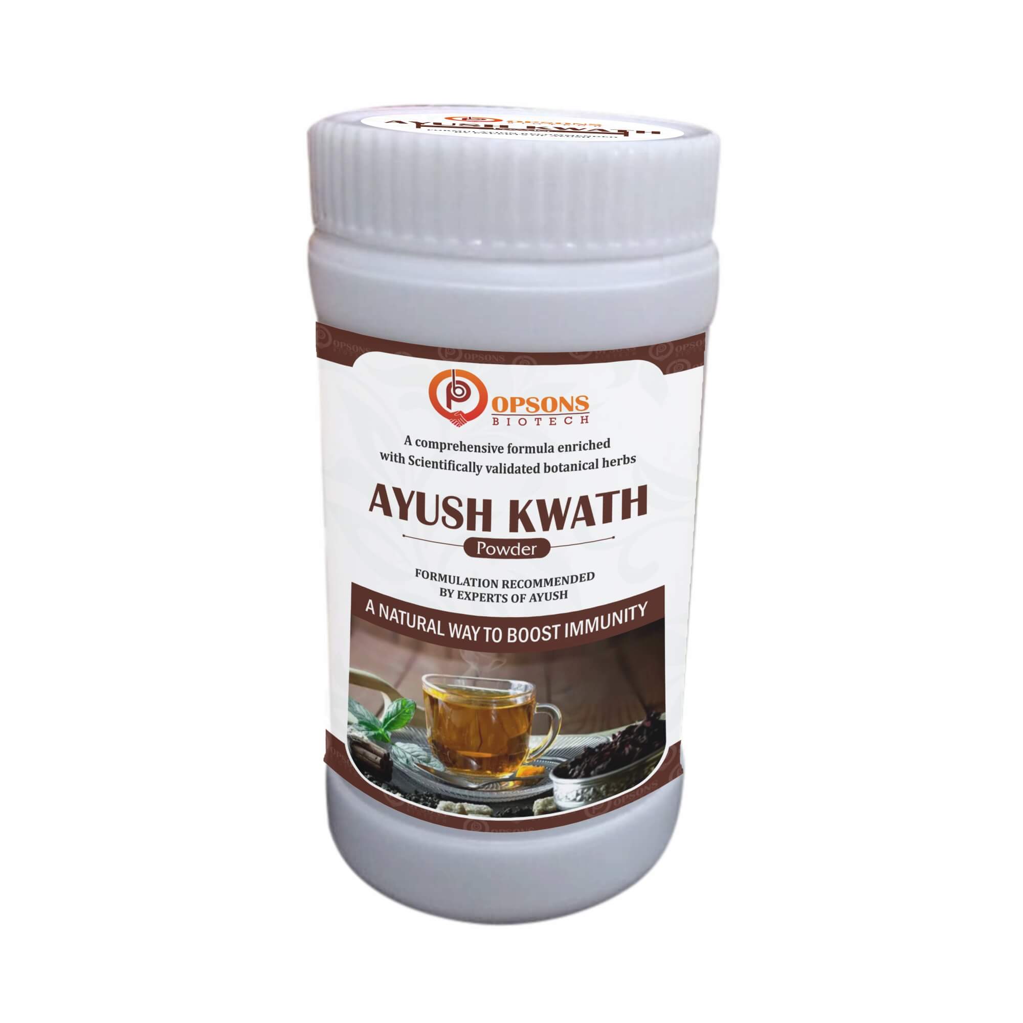 Product Name: Ayush Kwath, Compositions of Ayush Kwath are Comprehensive Formula enriched with Scientifically validated betanical herbs - Opsons Biotech