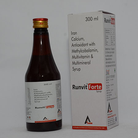 Product Name: RUNVIT FORTE, Compositions of RUNVIT FORTE are Iron Calcium, Antioxidants with Methylcobalamin, Multivitamin & Multimineral Syrup - Alencure Biotech Pvt Ltd