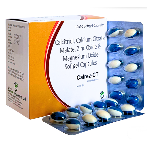 Product Name: Calrez CT, Compositions of Calrez CT are Calcitriol, Calcium Citrate  Malate, Zinc Oxide  & Magnesium Oxide Softgel Capsules - Glenvox Biotech Private Limited