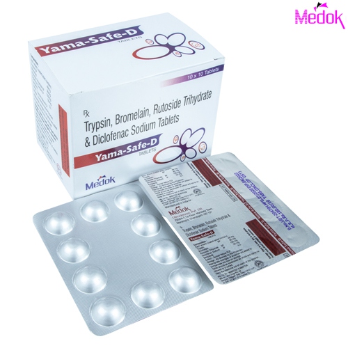 Product Name: Yama Safe D, Compositions of Yama Safe D are Trypsin bromelain & rutoside trihydrate & Diclofenac sodium  tablets - Medok Life Sciences Pvt. Ltd