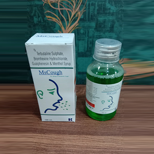 Product Name: MS Cough, Compositions of MS Cough are Terbutaline Sulphate Bromhexine Hydroxide Guaiphensin & Menthol Syrup - Kanish Biotech