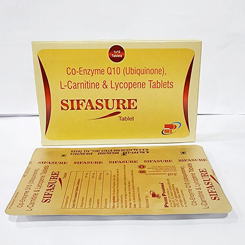 Product Name: Sifasure, Compositions of Sifasure are Co-enzyme Q-10 (Ubiquinone) & Lycopene Tablets - Pride Pharma