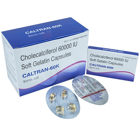 Product Name: Caltran 60K, Compositions of Caltran 60K are Cholecalciferol 60000 IU Softgel Capsules - Medok Life Sciences Pvt. Ltd