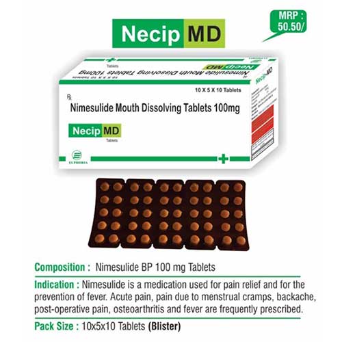 Product Name: Necip MD, Compositions of Necip MD are Nimesulide Mouth Dissolving Tablets 100mg - Euphoria India Pharmaceuticals