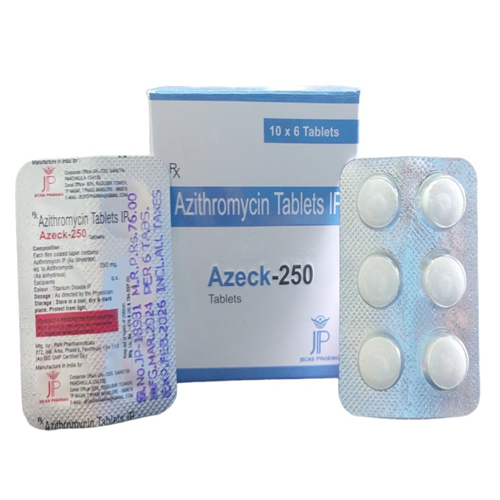 Product Name: Azeck 250, Compositions of Azeck 250 are Azithromycin Tablets IP - Jecks Pharma