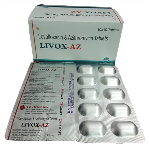 Product Name: Livox AZ, Compositions of Levofloxacin & Azithromycin Tablets are Levofloxacin & Azithromycin Tablets - JV Healthcare