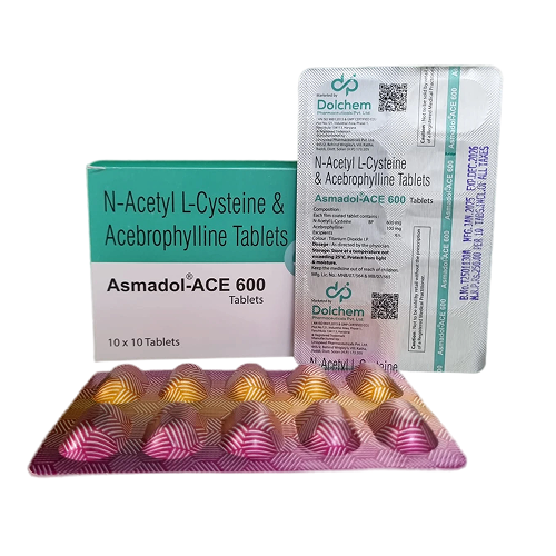 Product Name: Asmadol ACE 600, Compositions of Asmadol ACE 600 are N-Acetyl L-Cysteine & Acebrophylline Tablets - Dolchem Pharmaceuticals Private Limited