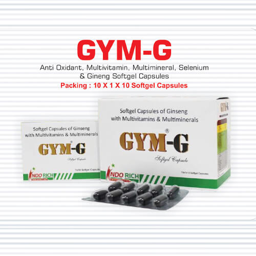 Product Name: Gym G, Compositions of Gym G are Anti-oxidant,Multivitamin,Multimineral & Selenium & Ginseg Softgel Capsules - Pharma Drugs and Chemicals