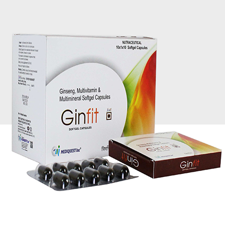 Product Name: GINFIT, Compositions of GINFIT are Gingseng, Multivitamin & Multiminerals Softgel Capsules - Mediquest Inc