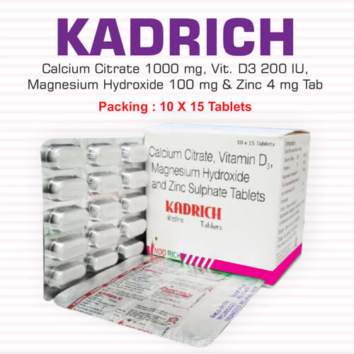 Product Name: Kadrich, Compositions of Kadrich are Calcium Citrate,Vitamin D3,Magnesium Hydroxide & Zinc Sulphate Tablets - Pharma Drugs and Chemicals