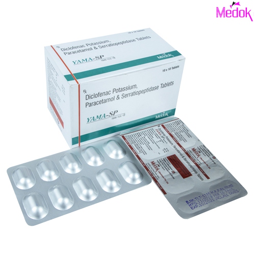 Product Name: Yama Sp, Compositions of Yama Sp are Diclofenac potassium paracetamol & serratiopeptidase tablets - Medok Life Sciences Pvt. Ltd