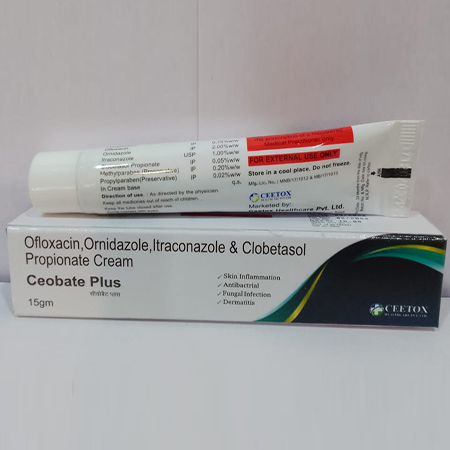 Product Name: Ceobate Plus, Compositions of Ceobate Plus are Ofloxacin,Ornidazole,Itraconazole & Clobetasol Propionate Cream - Ceetox HealthCare Private Limited