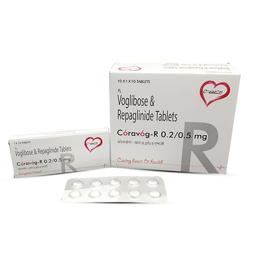 Product Name: Coravog R 0.2-0.5 mg, Compositions of Coravog R 0.2-0.5 mg are Voglibose & Repaglinide Tablets  - Arlak Biotech