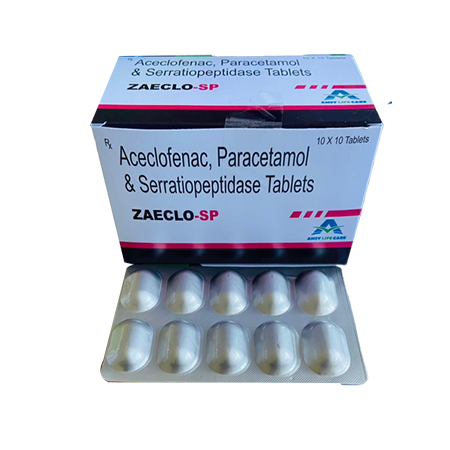 Product Name: Zaeclo SP, Compositions of Zaeclo SP are Aceclofenac, Paracetamol & Serratiopeptidase Tablets - Amzy Life Care