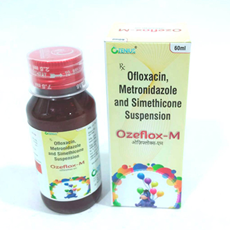 Product Name: OZEFLOX M, Compositions of OZEFLOX M are Ofloxacin, Metronidazole and Simethicone Suspension - Ozenius Pharmaceutials