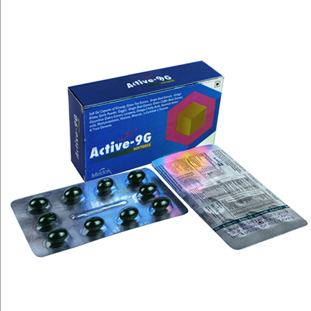 Product Name: Active 9G, Compositions of Active 9G are Softgel Capsules of Gingseng with Vitamins, Minerals & Antioxidants - Medok Life Sciences Pvt. Ltd