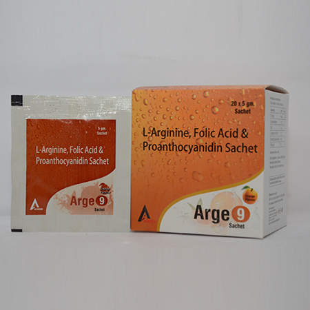 Product Name: ARGE 9, Compositions of ARGE 9 are L-Arginine, Folic Acid & Proanthocyanidin Sachet - Alencure Biotech Pvt Ltd