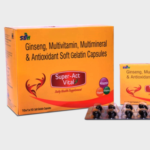 Product Name: Super Act Vital, Compositions of Super Act Vital are Ginseng, Multivitamin, Multiminerals & Antioxidants Soft Gelatin Capsules - Sbherbals